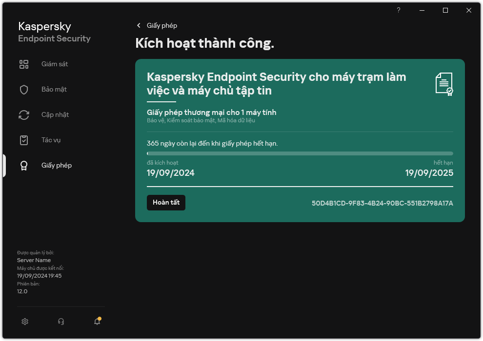 Cửa sổ chứa thông tin về giấy phép: ngày hết hạn, các chức năng khả dụng và các thông tin khác.