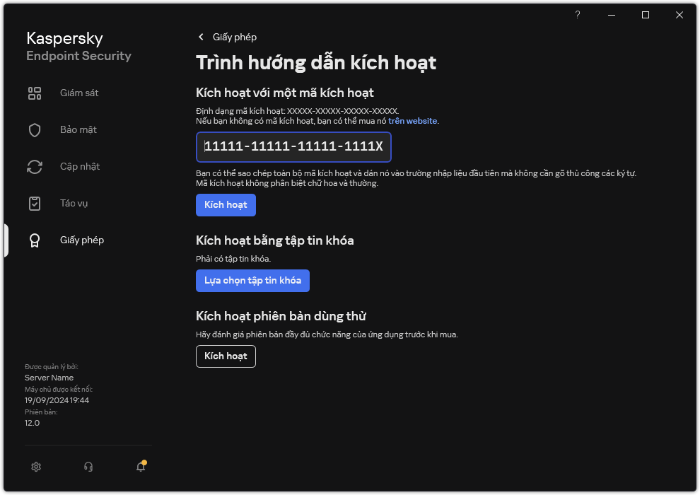 Cửa sổ chứa các công cụ kích hoạt ứng dụng. Người dùng có thể nhập mã kích hoạt hoặc chọn một tập tin khóa.