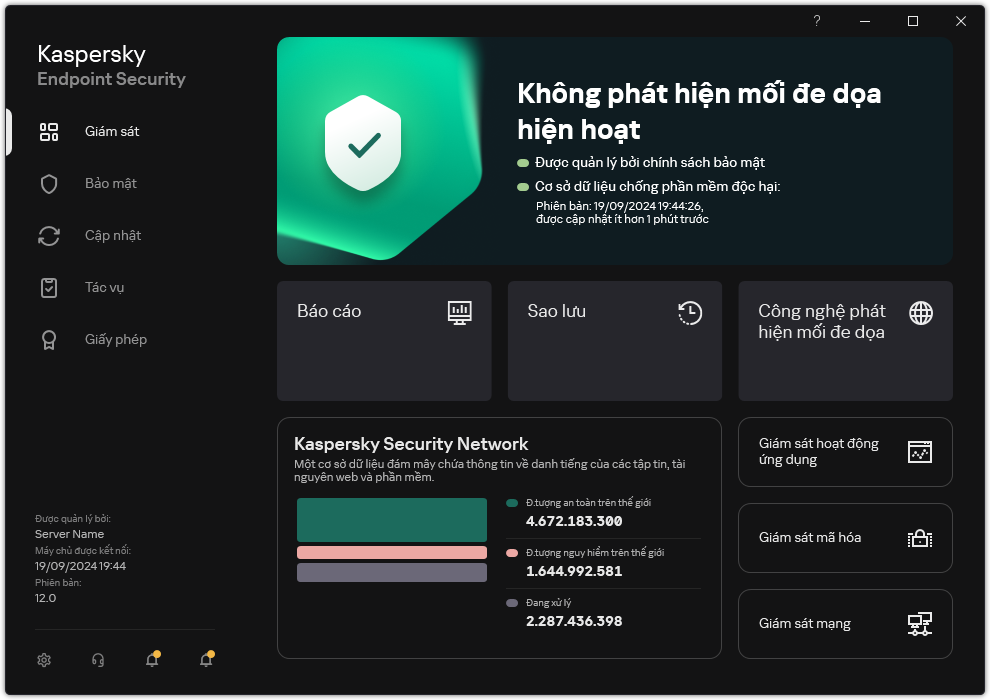 Cửa sổ chính của ứng dụng các phần để giám sát an ninh máy tính và kiểm soát ứng dụng.