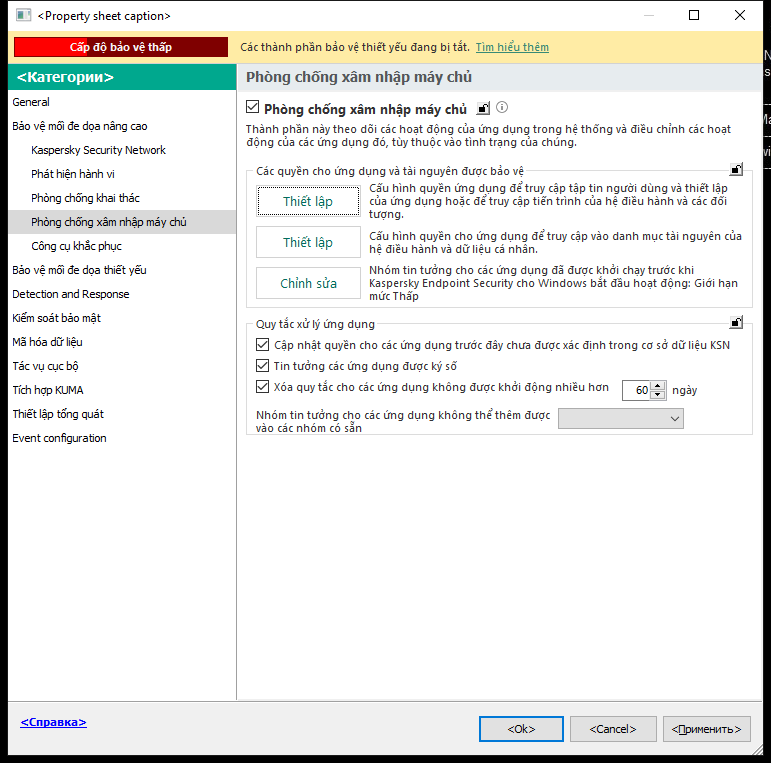 Cửa sổ thiết lập Phòng chống xâm nhập.