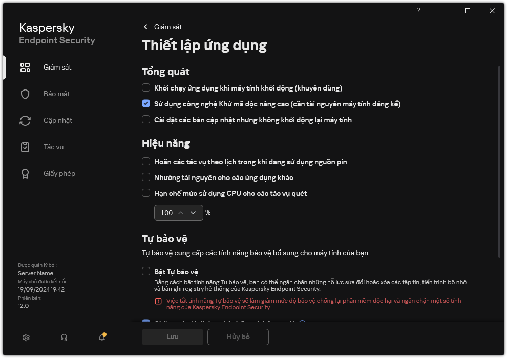Cửa sổ thiết lập ứng dụng. Người dùng có thể cấu hình hiệu năng, tự bảo vệ và các thiết lập khác.