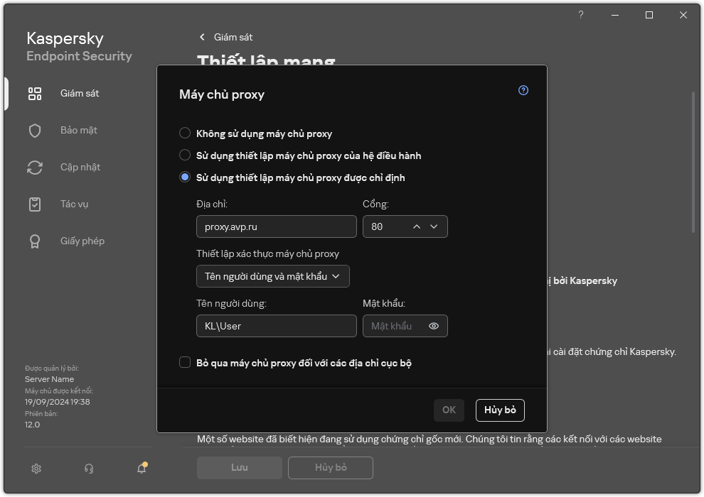 Cửa sổ để cấu hình kết nối máy chủ proxy. Người dùng có thể đặt địa chỉ của máy chủ proxy và thông tin đăng nhập để kết nối với máy chủ proxy.