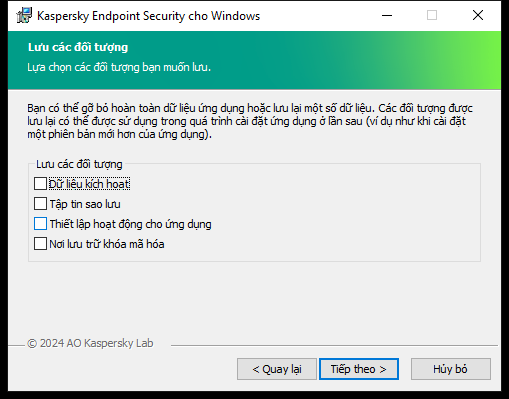 Cửa sổ bộ cài đặt chứa danh sách các đối tượng có thể được lưu sau khi gỡ bỏ ứng dụng.