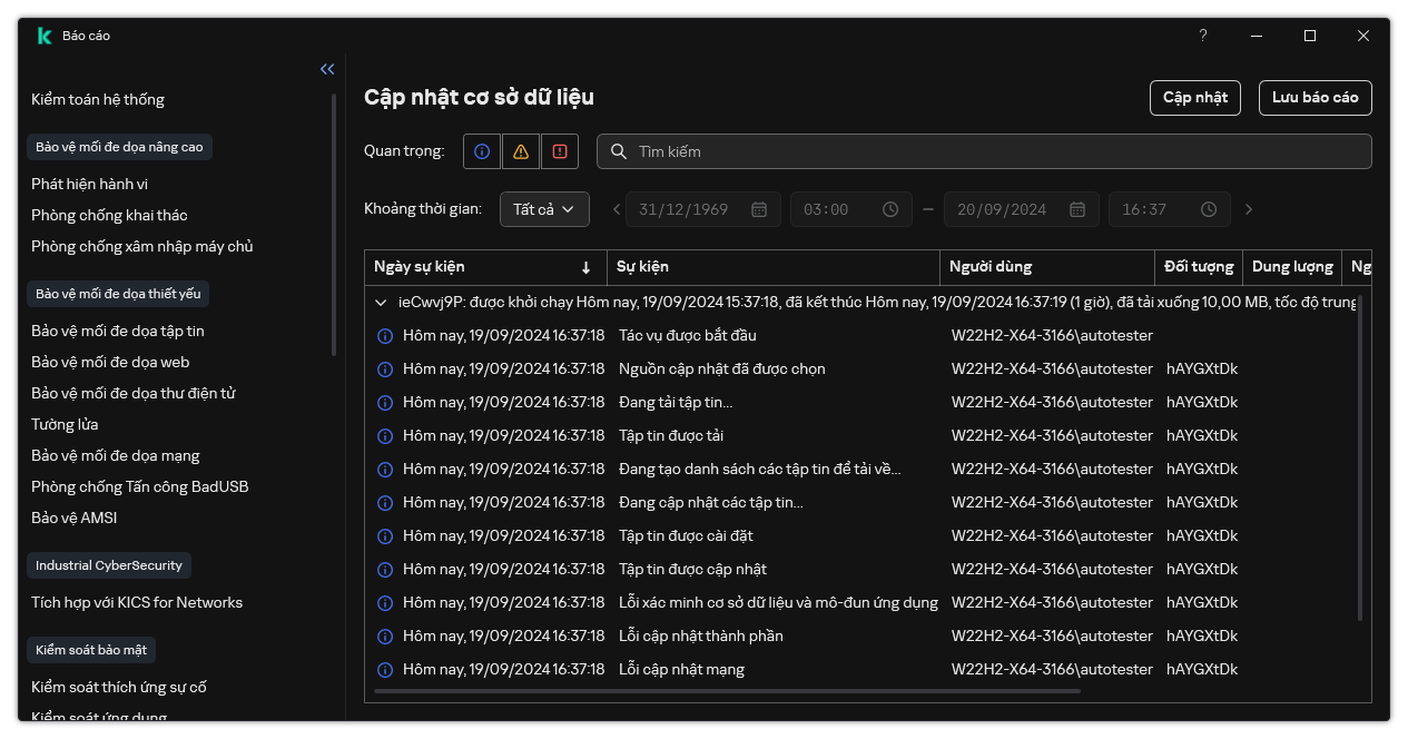 Một cửa sổ chứa danh sách các sự kiện trong báo cáo. Người dùng có thể lọc/sắp xếp các sự kiện và lưu báo cáo vào một tập tin.