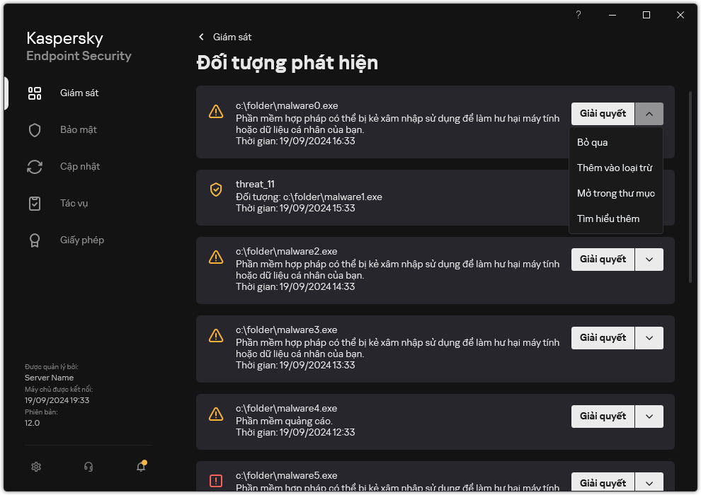 Một cửa sổ chứa danh sách các đối tượng được phát hiện. Thông tin về đối tượng được hiển thị. Người dùng có thể giải quyết hoặc xóa bỏ đối tượng.