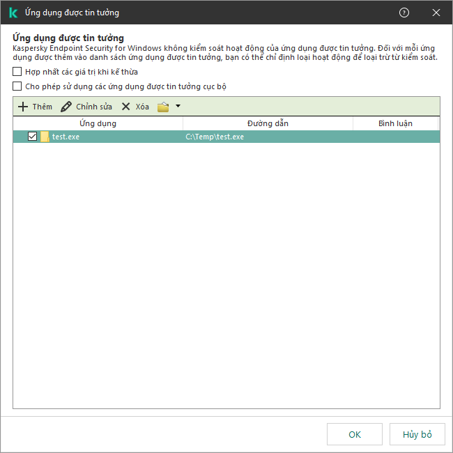 Một cửa sổ chứa danh sách các ứng dụng được tin tưởng. Người dùng có thể thêm, chỉnh sửa hoặc xóa một ứng dụng được tin tưởng.