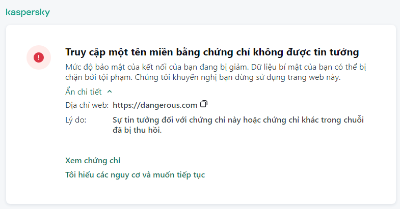 Thông báo của Kaspersky về việc truy cập miền có chứng chỉ không được tin tưởng trong cửa sổ trình duyệt. Người dùng có thể tiếp tục làm việc.