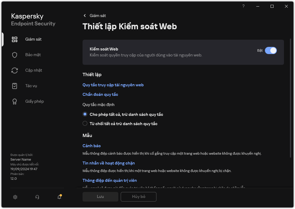 Cửa sổ thiết lập Kiểm soát web.