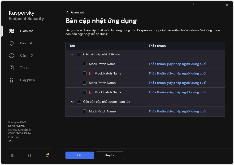 Cửa sổ chứa danh sách các bản vá khả dụng. Người dùng có thể chọn bản vá và chấp nhận các điều khoản và điều kiện của thỏa thuận.