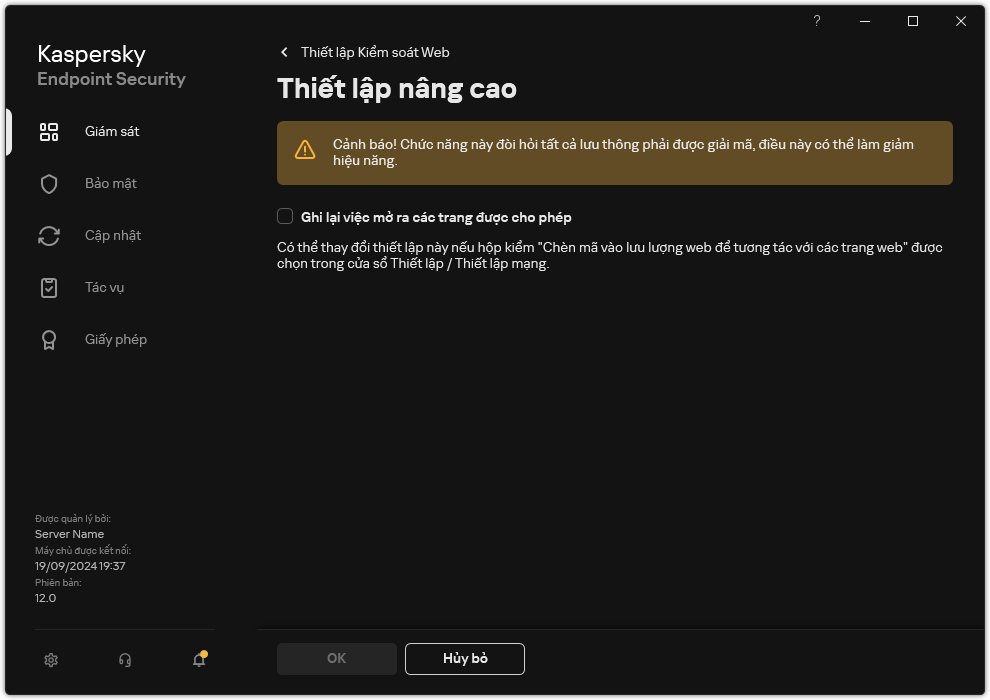 Cửa sổ thiết lập nâng cao của Kiểm soát web.