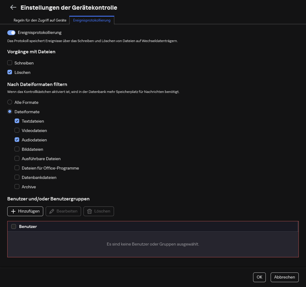 Das Konfigurationsfenster für die Protokollierung von Ereignissen, die sich auf die Verwendung von Wechseldatenträgern beziehen. Der Benutzer kann die zu protokollierenden Ereignisse auswählen.
