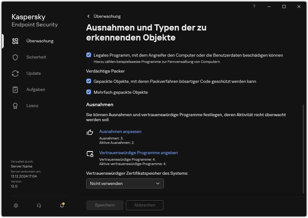 Fenster mit Einstellungen für Ausnahmen. Der Benutzer kann Ausnahmen und vertrauenswürdige Apps hinzufügen.