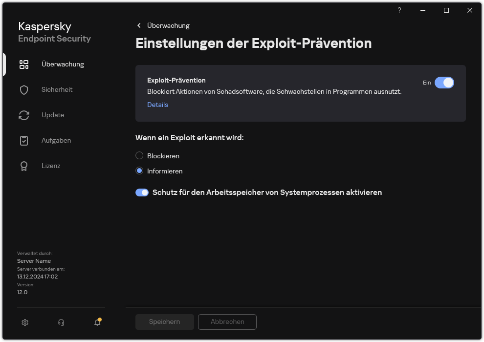 Fenster mit den Einstellungen der „Exploit-Prävention“