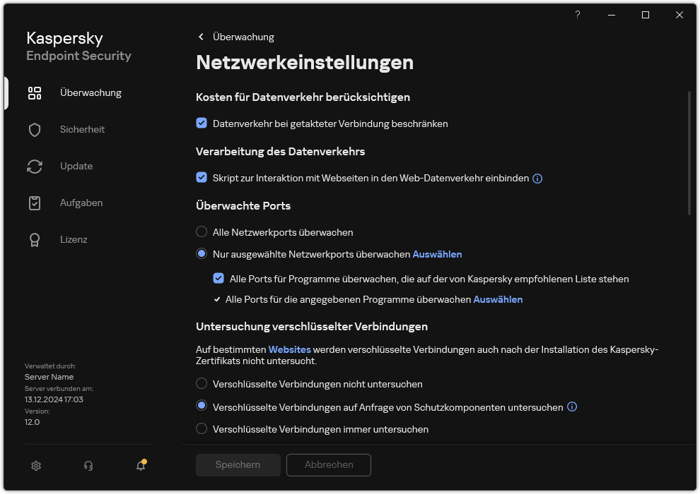 Fenster mit den Netzwerkeinstellungen für die App.
