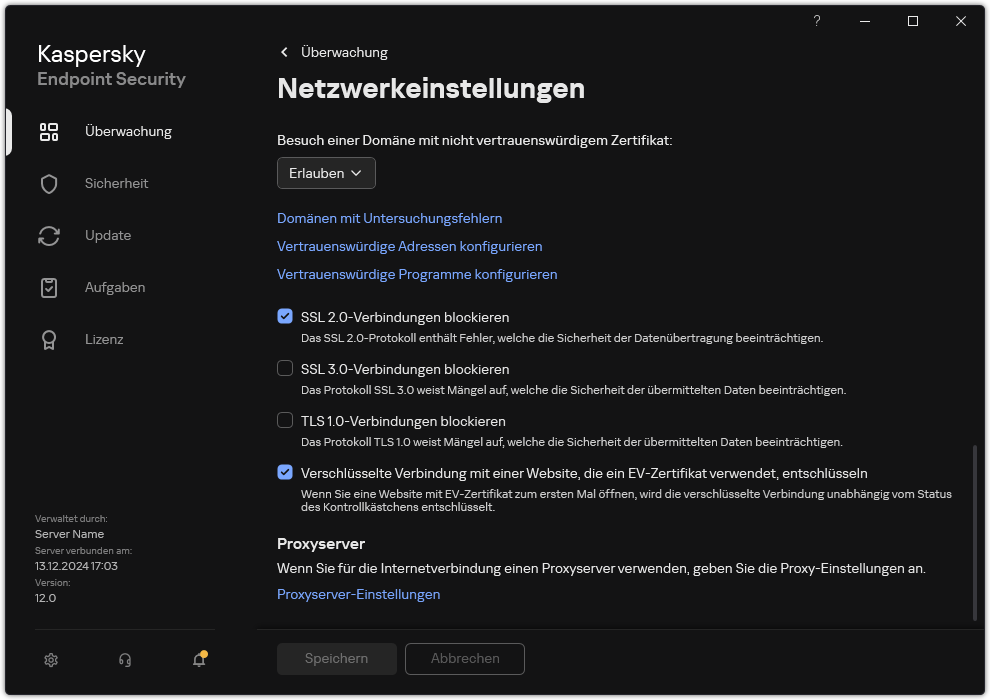 Fenster mit den Netzwerkeinstellungen für die App.