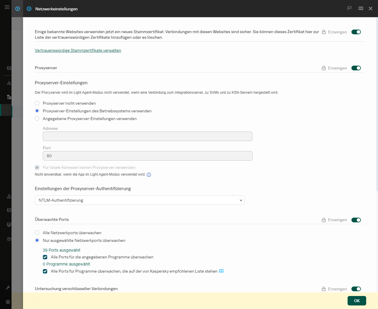 Fenster mit den Netzwerkeinstellungen für die App. Der Benutzer kann die Proxyserver-Einstellungen konfigurieren.