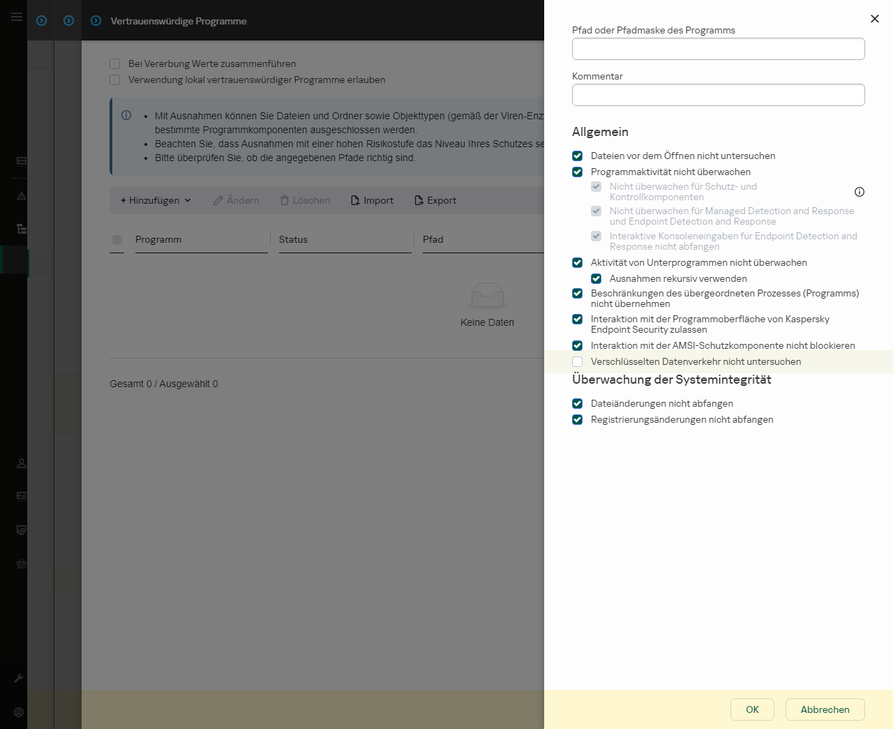Ein Fenster mit einem Eingabefeld für den Pfad der vertrauenswürdigen App. Es können Masken verwendet werden.