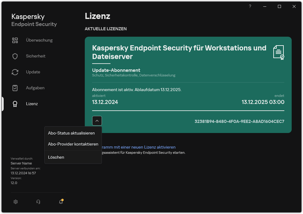 Das Fenster mit Informationen zur Lizenz. Der Benutzer kann den Abo-Status aktualisieren, den Abo-Anbieter kontaktieren oder die Lizenz entfernen.