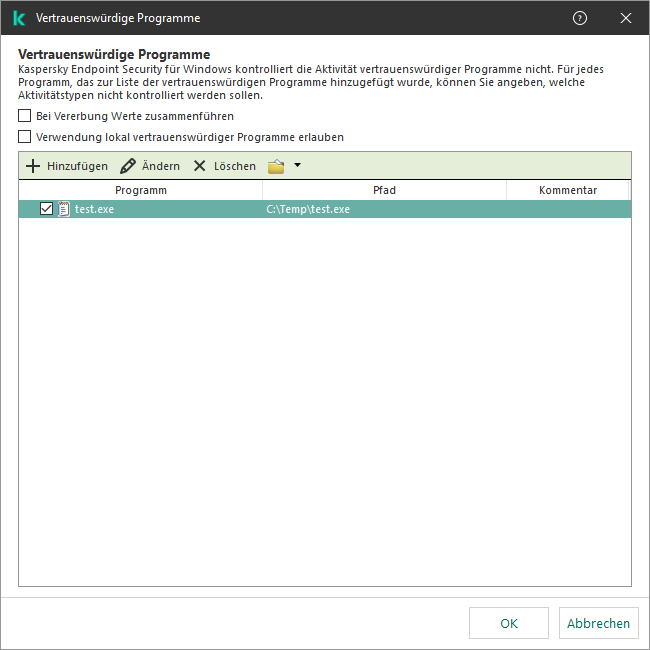 Ein Fenster mit der Liste der vertrauenswürdigen Apps. Der Benutzer kann eine vertrauenswürdige App hinzufügen, bearbeiten oder entfernen.