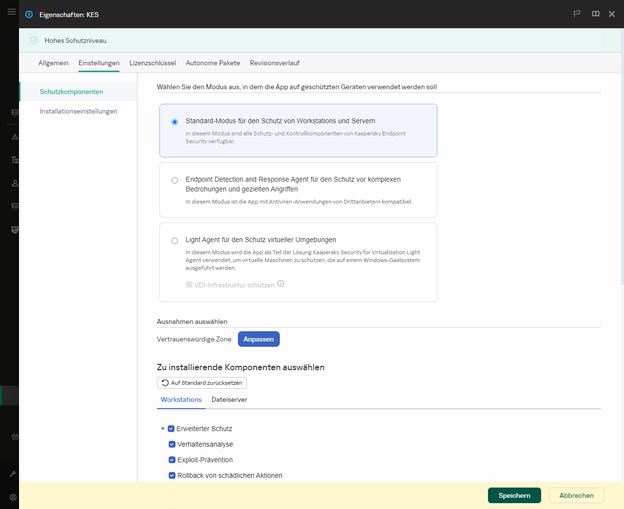 Eigenschaftenfenster des Installationspakets. Sie können auswählen, welche App-Komponenten Sie einbeziehen möchten.