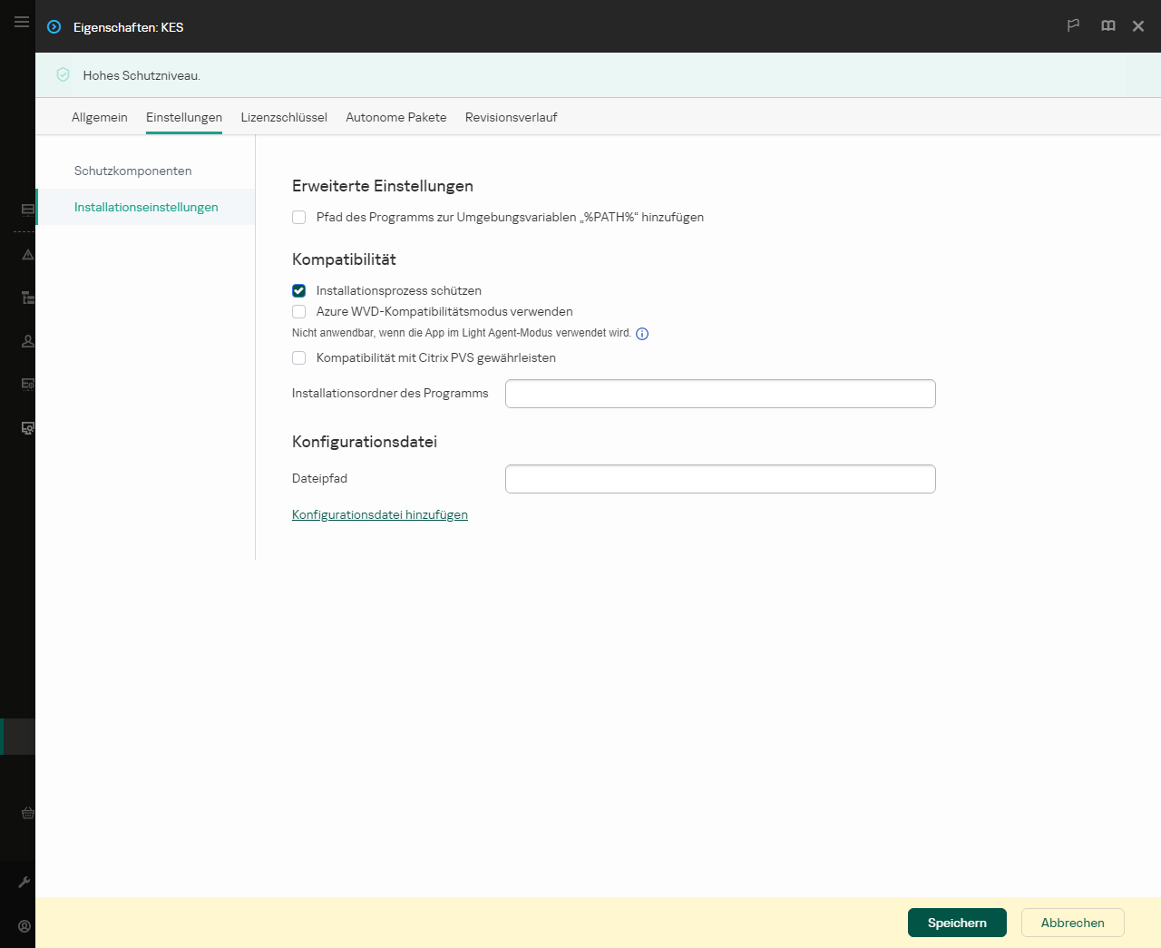 Eigenschaftenfenster des Installationspakets. Sie können die Installation der App konfigurieren.