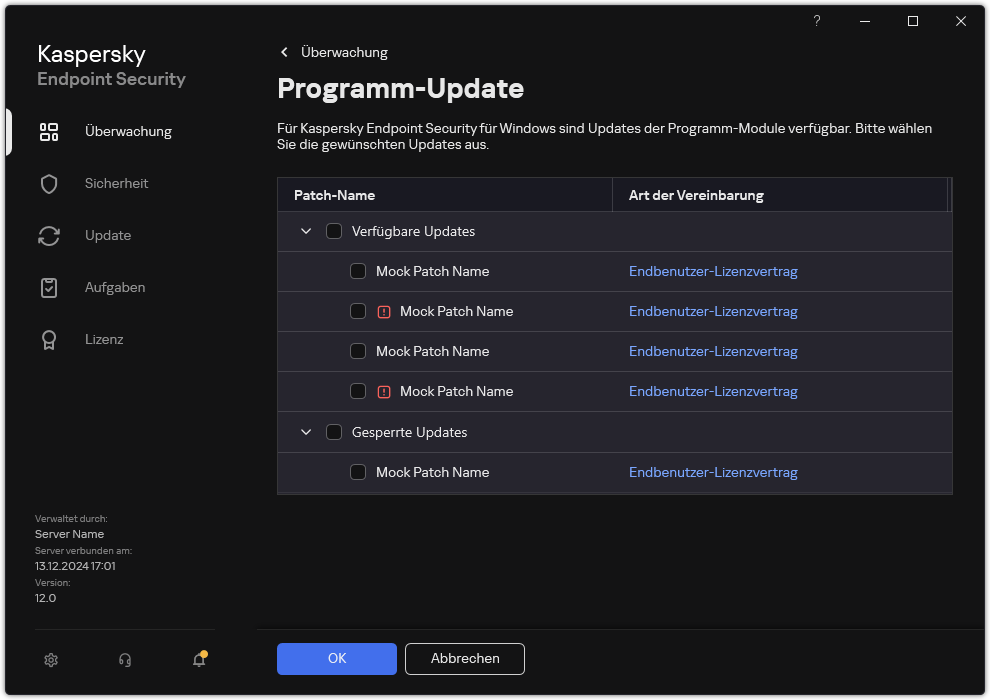 Fenster mit einer Liste der verfügbaren Patches. Der Benutzer kann Patches auswählen und die Bedingungen der Vereinbarungen akzeptieren.