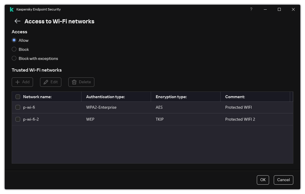 A window with the list of Wi-Fi networks. The user can configure access to all Wi-Fi networks and add trusted Wi-Fi networks.
