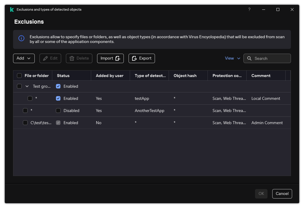 A window with the list of exclusions. Exclusion properties are displayed. The user can add, edit or delete exclusions.