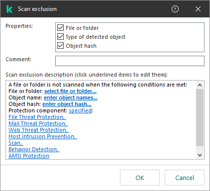 A window with exclusion selection tools. The user can select file or folder, enter an object name or hash.