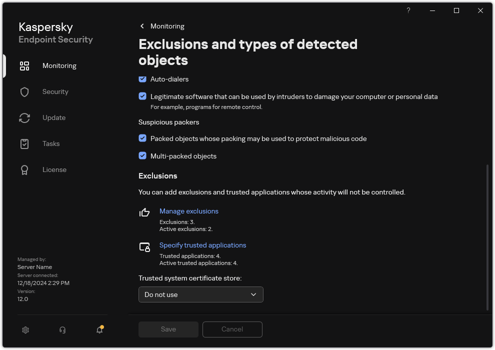 Exclusion settings window. The user can add exclusions and trusted applications.