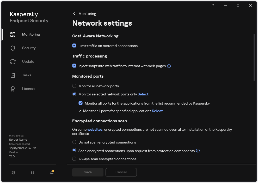 Application network settings window.