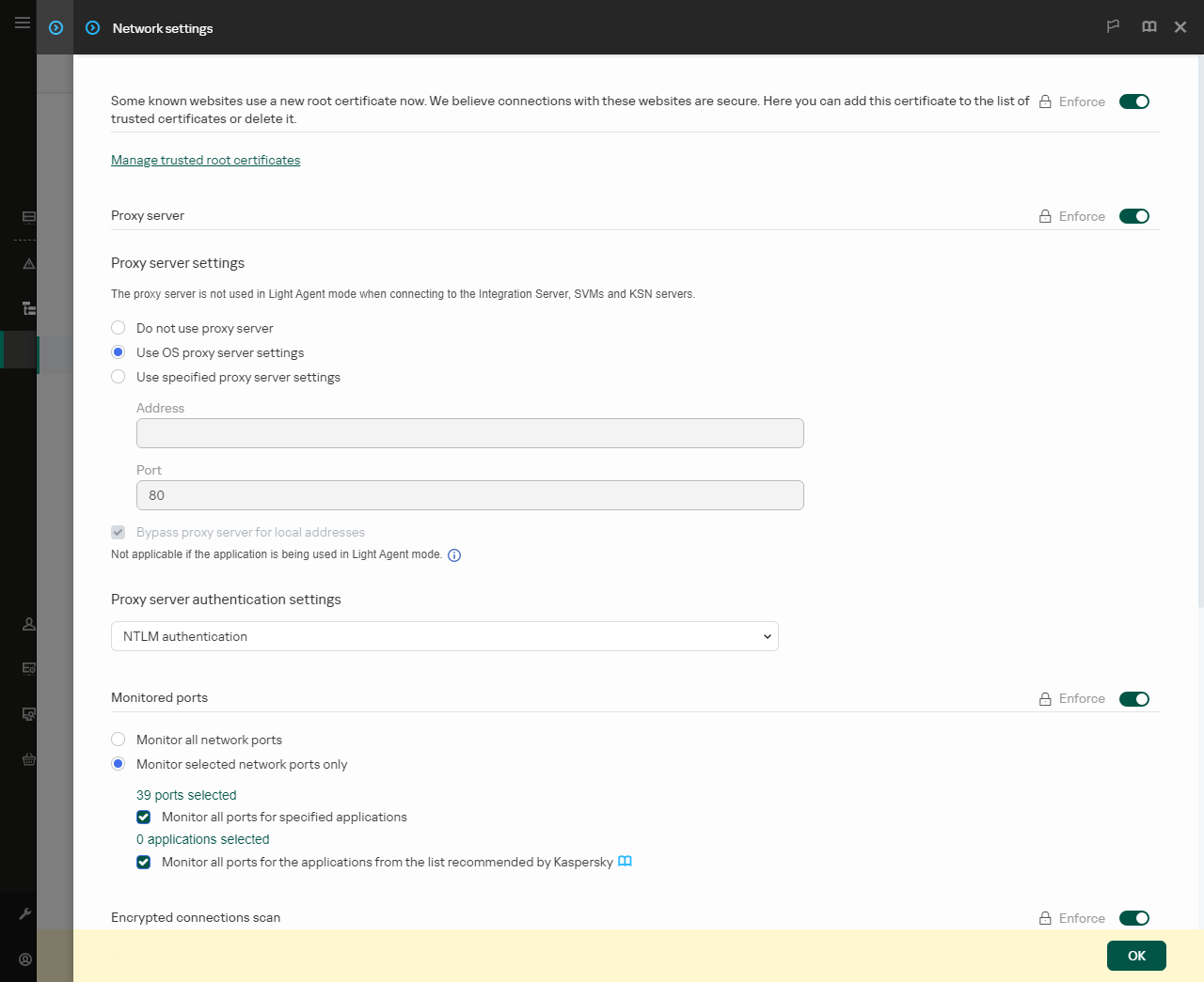 Application network settings window. The user can configure proxy server settings.