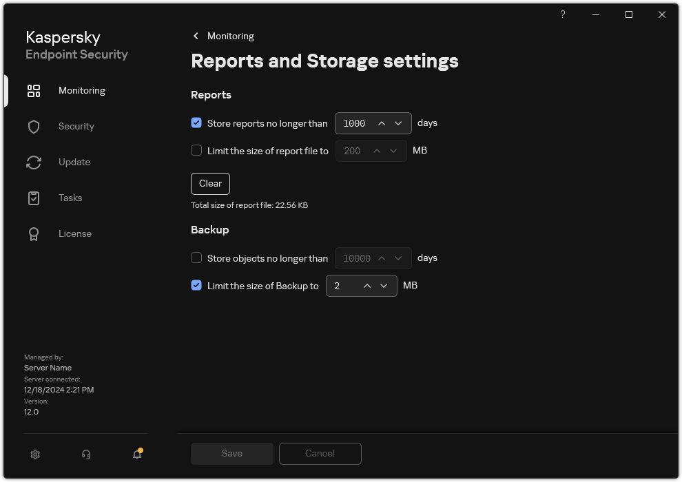Reports and Storage settings window. The user can set the size and limit the storage time of reports and objects in the repository.