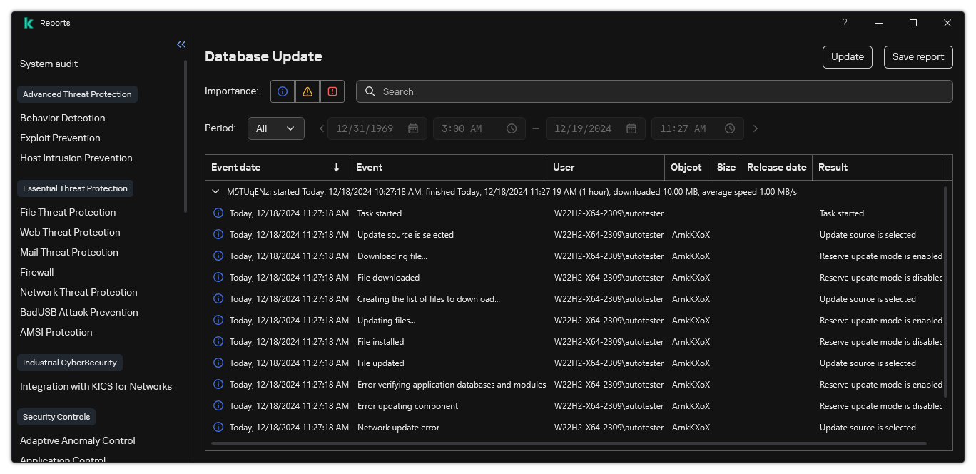 A window with the list of events in the report. The user can filter/sort events and save reports to a file.