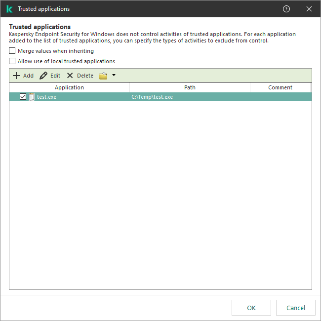 A window with the list of trusted applications. The user can add, edit or remove a trusted application.