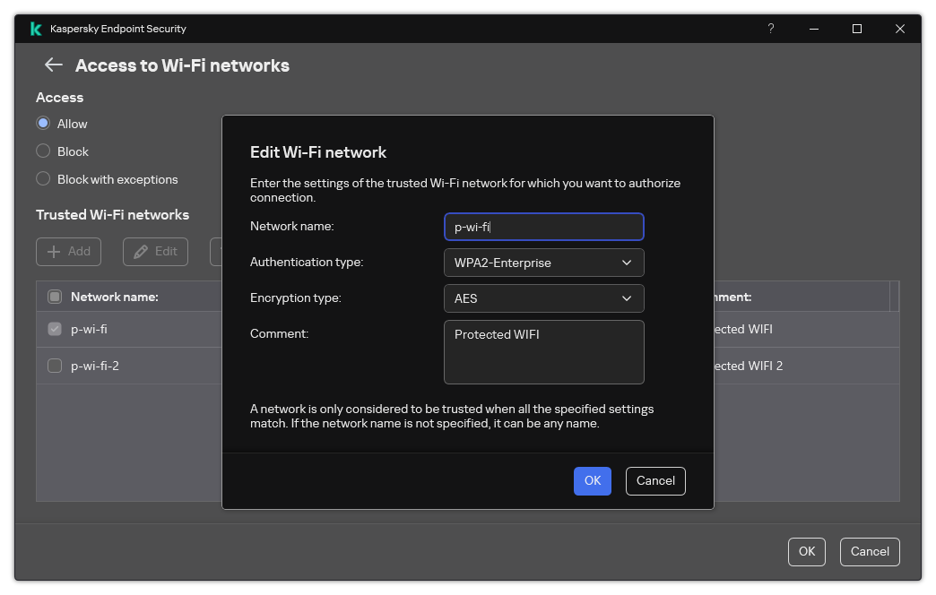 The window contains the settings of the trusted Wi-Fi network.