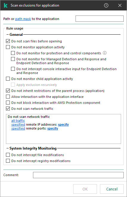 A window with a field for entering the path to a file or folder. Masks can be used.