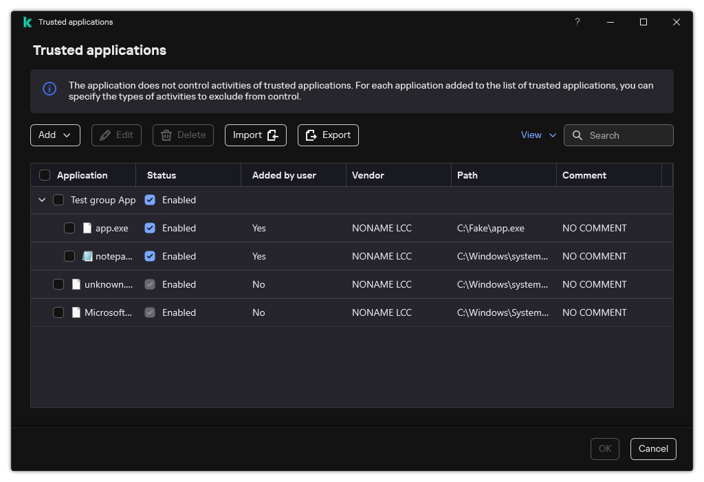 A window with the list of trusted applications. The user can add, edit or remove a trusted application.