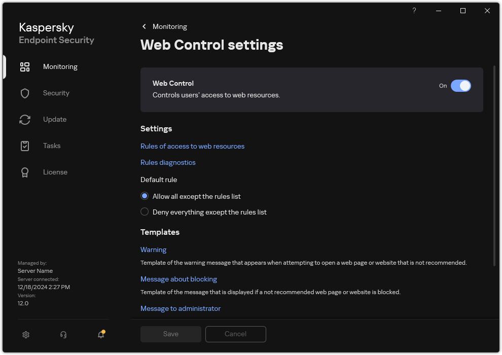 Web Control settings window.