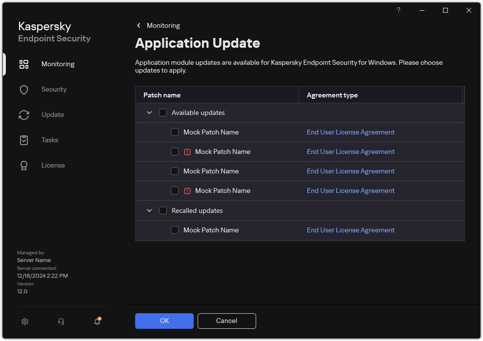 Window with a list of available patches. The user can select patches and accept the terms and conditions of agreements.