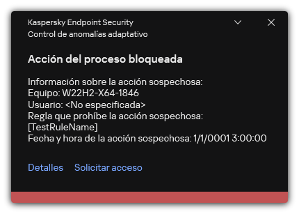 Notificación sobre la activación de una regla. El usuario puede crear una solicitud para permitir una acción de proceso.