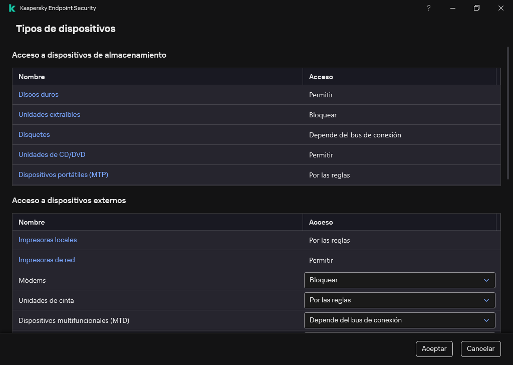 Ventana para configurar el acceso a los dispositivos. El usuario puede configurar el acceso a los dispositivos y establecer parámetros de acceso adicionales, como el horario de acceso.