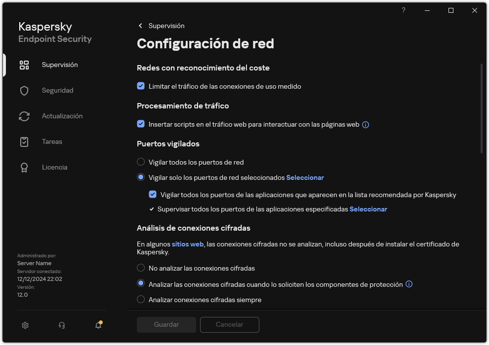 Ventana de configuración de red de la aplicación.
