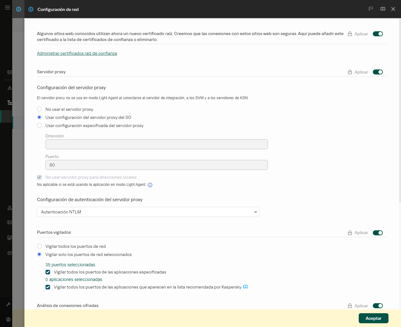 Ventana de configuración de red de la aplicación. El usuario puede configurar los ajustes del servidor proxy.