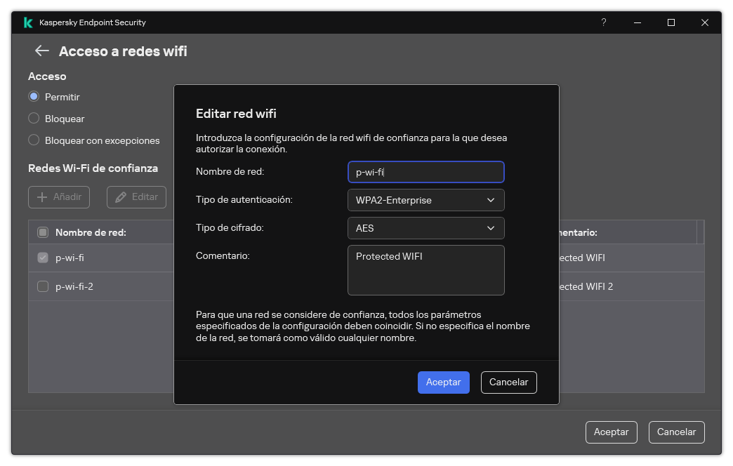 La ventana contiene la configuración de la red wifi de confianza.