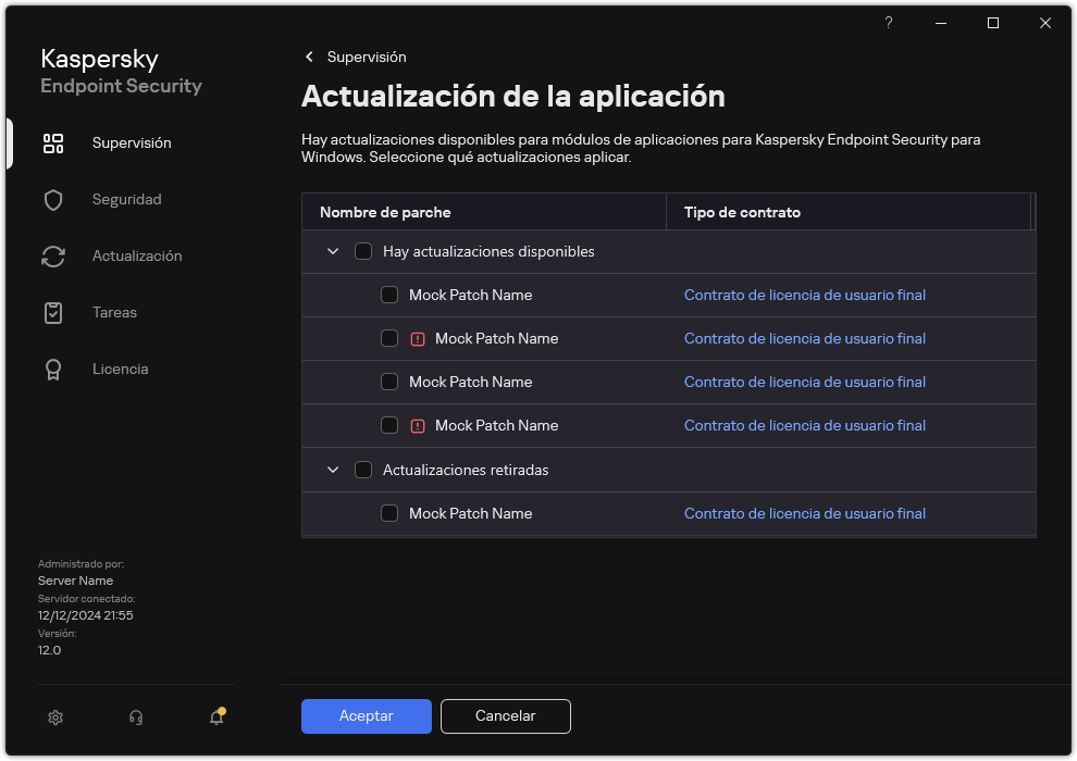 Ventana con una lista de parches disponibles. El usuario puede seleccionar parches y aceptar los términos y condiciones de los contratos.