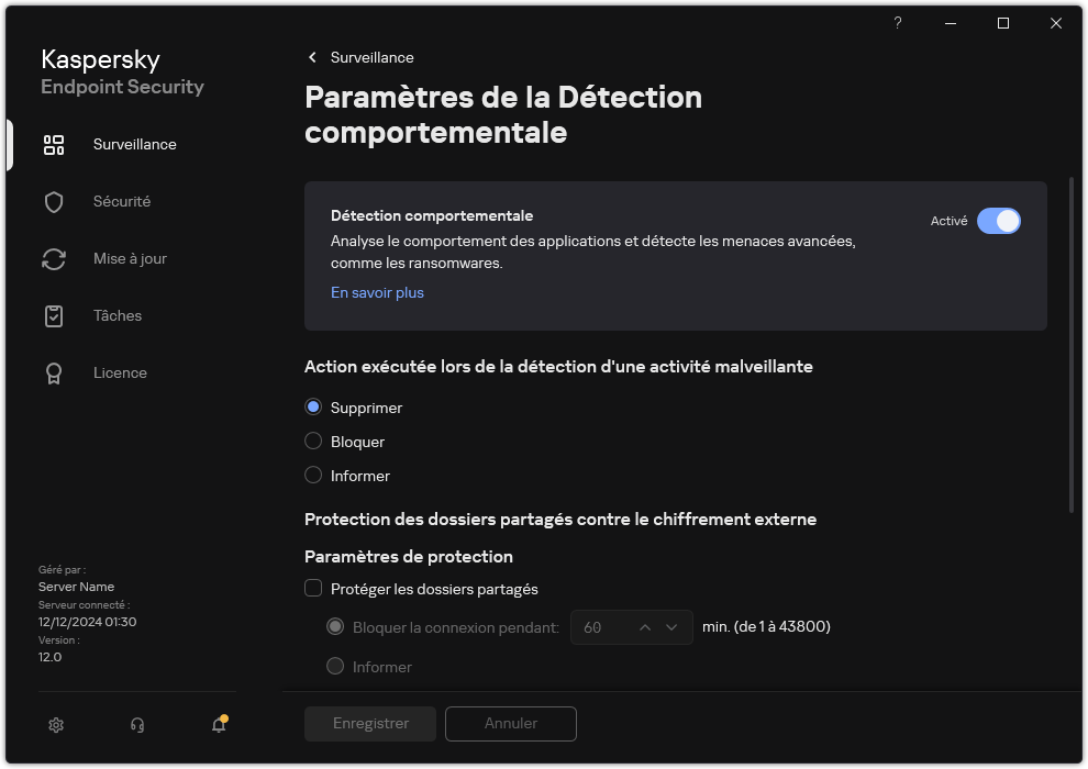 Fenêtre des paramètres de la Détection comportementale