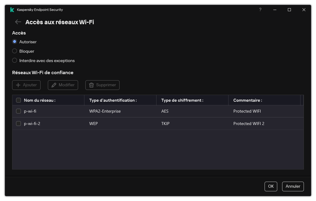 Une fenêtre avec la liste de réseaux Wi-Fi. L'utilisateur peut configurer l'accès à tous les réseaux Wi-Fi et ajouter des réseaux Wi-Fi de confiance.
