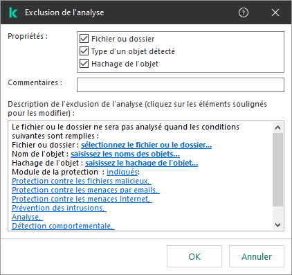 Une fenêtre avec des outils de sélection d'exclusion. L'utilisateur peut sélectionner un fichier ou un dossier, saisir un nom d'objet ou un hachage.