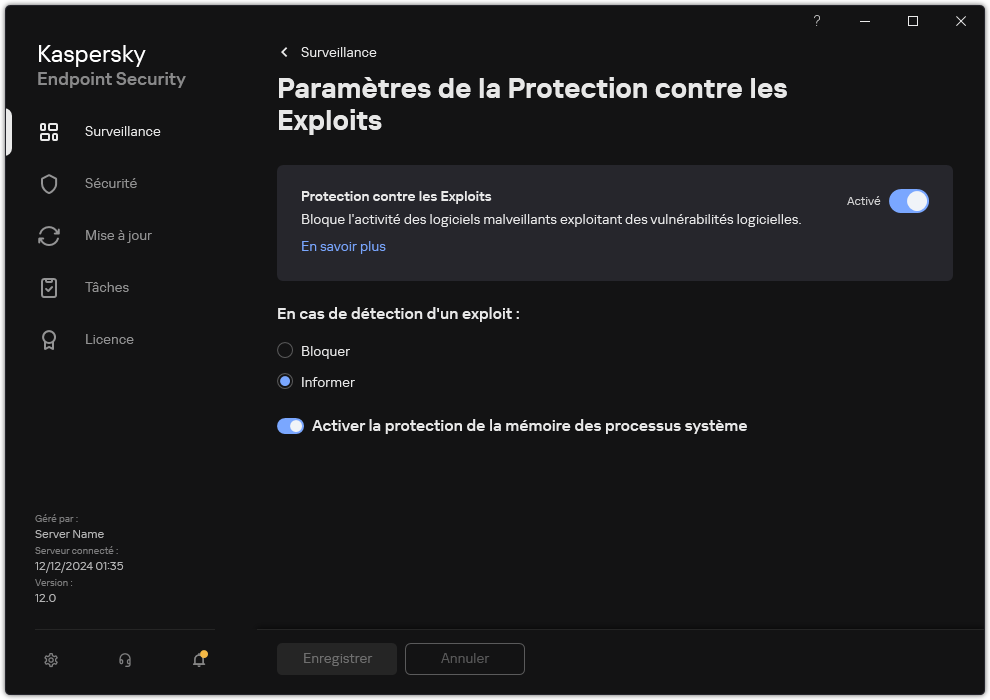 Fenêtre des paramètres de protection contre les exploits